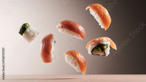 Sushi floats against a smooth, soft backdrop. Each piece is topped with a vibrant fish on rice, highlighting the culinary artistry and creativity of the presentation.