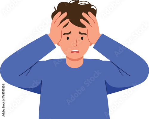 Young man holding head feeling stressed and anxious expressing mental health concern vector illustration 