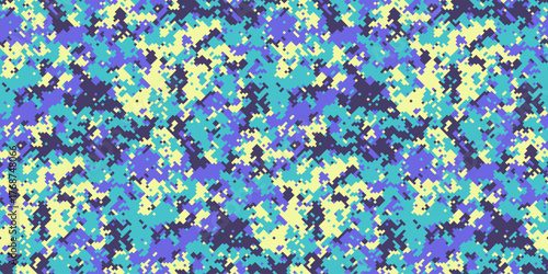 Abstract pastel camo pattern.  Seamless digital design in soft blues, purples, and yellows. Ideal for fashion, textiles, website backgrounds, or playful branding.