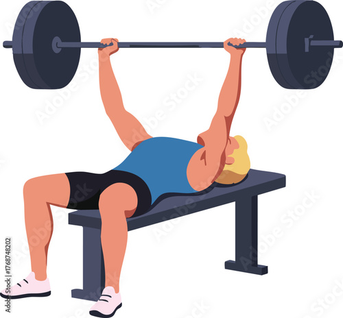 Man lifting heavy barbell on bench press workout in gym fitness training session vector illustration 