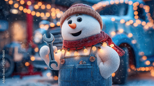 A cheerful snowman holds a wrench, wearing a knitted hat and scarf. The background features festive lights and a vintage blue truck.