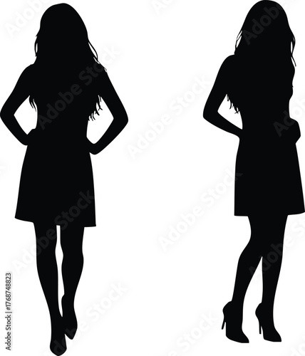 Silhouettes of two standing women in dresses with long hair and heels facing forward and sideways vector illustration 