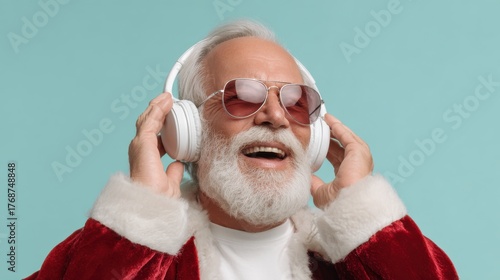 Santa Claus dances with joy while listening to music in a bright turquoise setting