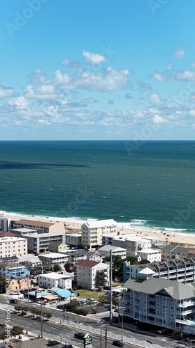 Aerial footage of hotels and condos along the coast in Ocean City Maryland USA