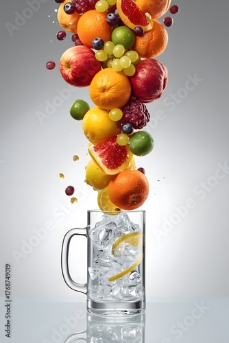 Fresh fruits falling into glass of ice healthy drink concept citrus apple grapes orange splash summer beverage vitamin energy refreshment