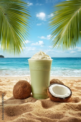 Coconut smoothie on tropical beach with whipped cream summer drink refreshment concept exotic vacation background palm trees ocean sand
