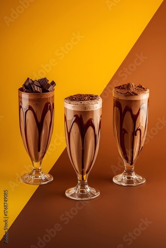Chocolate milkshakes in tall glasses with toppings sweet dessert drink creamy beverage brown yellow background delicious cafe menu concept