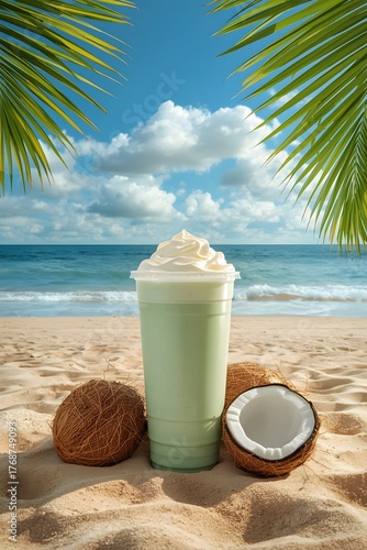 Coconut smoothie with whipped cream on tropical beach summer drink fresh refreshment palm leaves ocean background exotic vacation concept