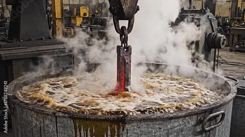 Into a vat of cooling liquid, a red-hot metal component is plunged.