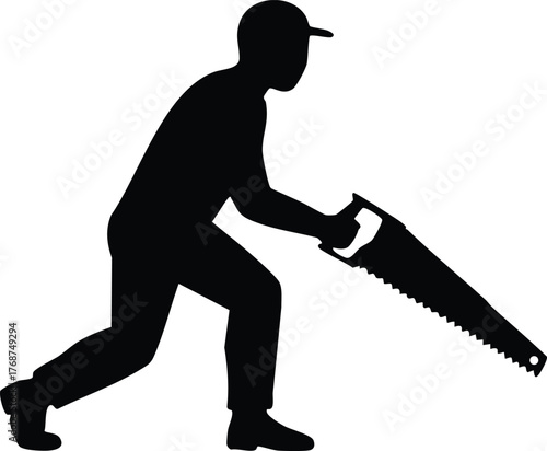 Silhouette of Man Using Hand Saw for Woodworking and Construction Work Vector Illustration 
