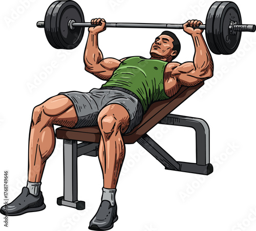 Muscular man performing bench press exercise with barbell on weight bench in gym workout setting 