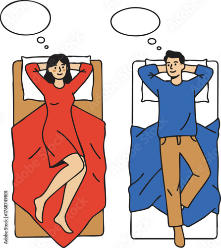 Man and woman lying on beds thinking with empty thought bubbles in relaxed posture vector illustration 