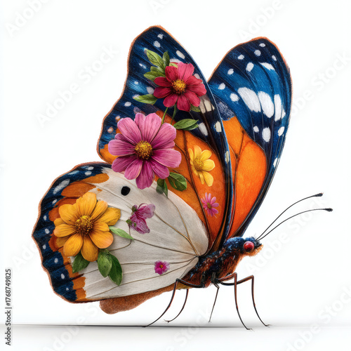 Butterfly on flower white background.