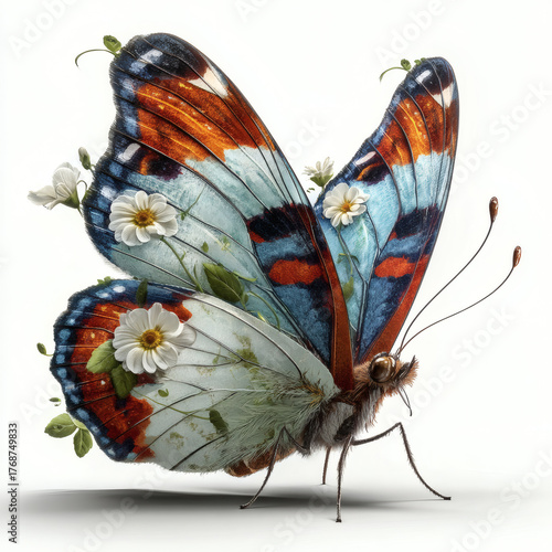 Butterfly on flower white background.