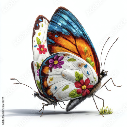 Butterfly on flower white background.