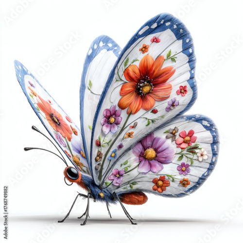 Butterfly on flower white background.