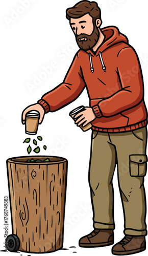 Man in orange hoodie composting organic waste in a wooden bin promoting environmental awareness and sustainability 