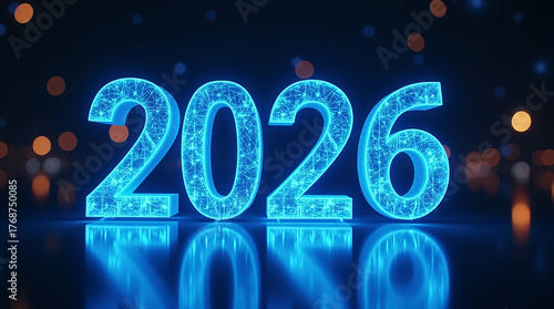 Glowing blue neon numbers 2026 with digital pattern and bokeh background