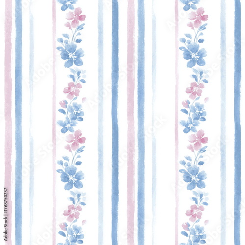 Seamless Pattern pastel blue watercolor stripes with pink floral accents for elegant wallpaper or design projects
