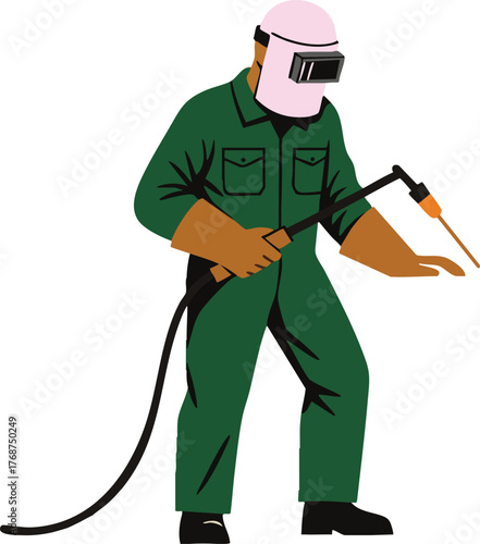 Welder in protective gear holding welding torch performing metalwork in green uniform vector illustration 