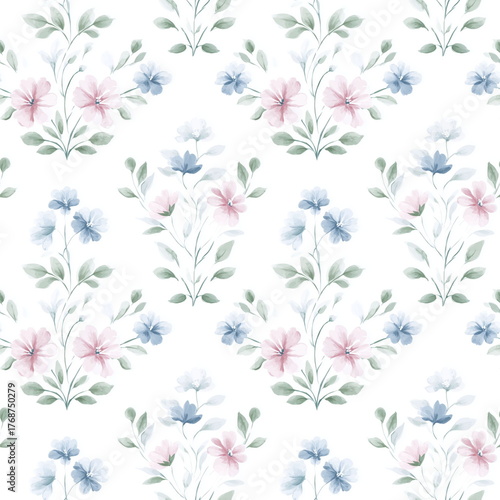 Seamless Pattern Delicate Floral Watercolor Design in Pastel Pink and Green for Baby Nursery Decor