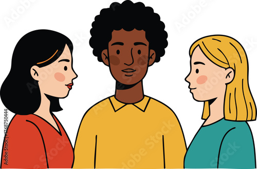 Diverse group of people standing together in colorful casual clothing vector illustration for social inclusion and friendship concept 