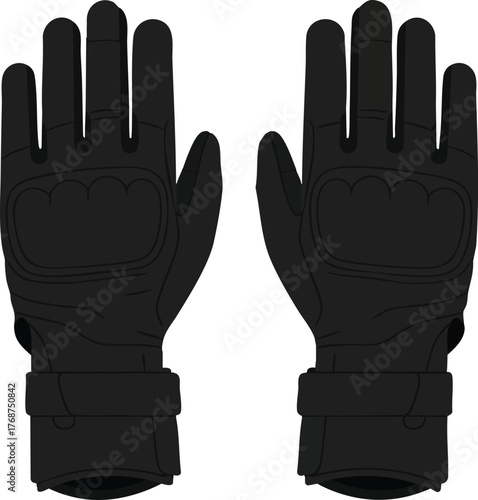 Black tactical gloves with wrist straps and protective padding vector illustration for safety and outdoor use 