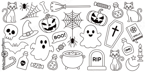 Black and white Halloween outline set: ghosts, pumpkins, bat, cats, cauldron, potions, hat, skull, candy. For scrapbooking, coloring pages, stickers, festive design. Hand drawn vector icons. Line art.