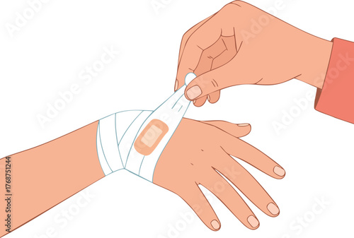 Hand applying adhesive bandage on injured wrist with white bandage and peach skin tones vector illustration 