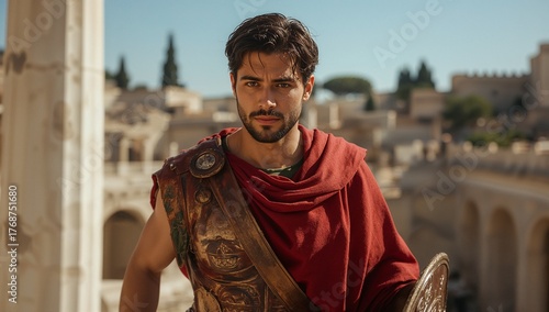A young Roman soldier poses in an ancient city, dressed in traditional armor and garment. The bright blue sky enhances the historical scene, highlighting his confident stance