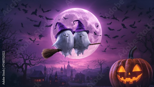 In a whimsical Halloween setting, two friendly ghosts with purple hats fly on broomsticks. A glowing pumpkin and bats surround them beneath a large full moon, creating a playful atmosphere