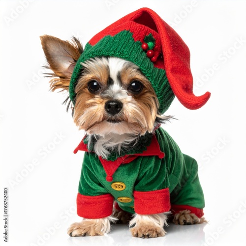 Small Dog Wearing Green Elf Costume with Red Hat on White Background