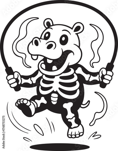 Cartoon hippopotamus jumping rope black and white illustration bones skipping rope