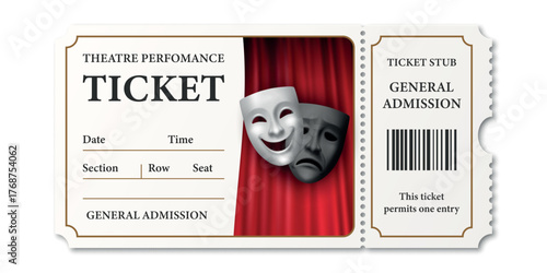 Vector Theater Ticket Design Template, Isolated. Vintage Event Ticket with Comedy Tragedy Masks, Red Curtain, Barcode, Perforated Stub. Realistic Admit Ticket for Performance, Show, Concert, Cinema