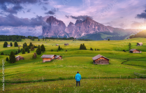 Hiker standing in a green m...