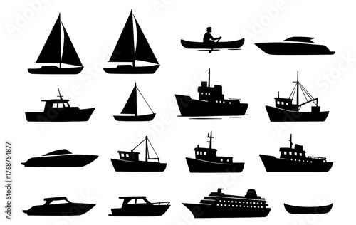 Silhouette collection of various boats and ships on white background