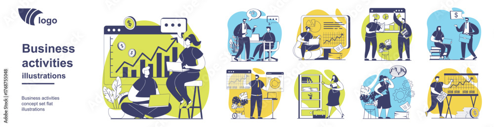 Fototapeta premium Business activities concept set for web design. Collection with people analyzing data graph, doing work tasks, developing project and communicating, creating success strategy. Vector illustration.