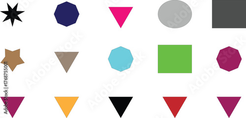 A collection of colorful geometric shapes, including stars, polygons, circles, squares, and triangles in various hues