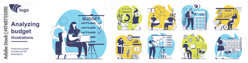 Analyzing budget concept set for web design. Collection with people calculating financial statistics, accounting, inspecting earnings and planning strategy with increase balance. Vector illustration.
