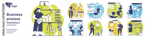 Business process concept set for web design. Collection with people analyzing company data at charts and graphs, creating success strategy, collaborating in team, brainstorming. Vector illustration.