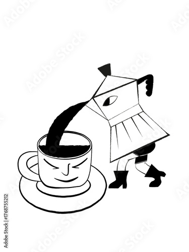 Funny black and white sketches of a coffee cup and a coffee pot.