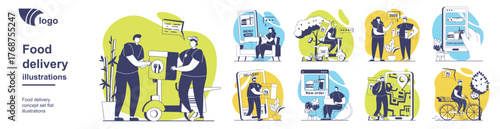 Food delivery concept set for web design. Collection with people getting parcel boxes from currier, making online orders in restaurants and shops, tracking transportation at app. Vector illustration.