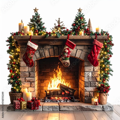 Festive Christmas Fireplace Scene with Stockings and Garland Decorations