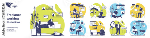 Freelance working concept set for web design. Collection with people doing tasks online in home, park bench, cafe table and other locations, mother with newborn works distantly. Vector illustration.