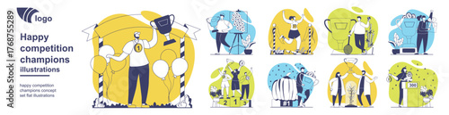 Happy competition champions concept set for web design. Collection with people winning at sport competitions, celebrating reward, getting first place with pumpkin at farmer fair. Vector illustration.