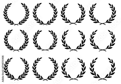 Twelve black laurel wreath silhouettes on white background