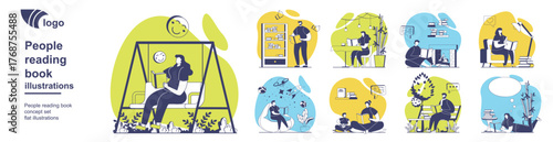 People reading book concept set for web design. Collection of scenes with reading lovers pastime with different literature, bookworms in bookshop, students study from textbooks. Vector illustration.