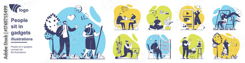 People sit in gadgets concept set for web design. Collection of scenes with users taking selfie and photos, recording videos, browsing and chatting, spending time in smartphones. Vector illustration.