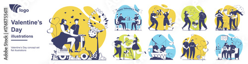 Valentine's Day concept set for web design. Collection with people celebrating romantic holiday, couples go on date, riding motorbike, girlfriend and boyfriend relationships. Vector illustration.