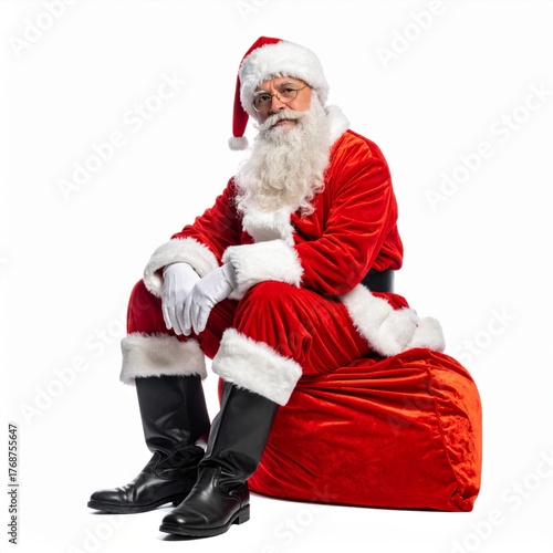 Classic Santa Claus in Red Suit and Black Boots Sitting on a Red Bag